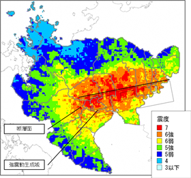 地震動の震度分布図（西側大の場合）