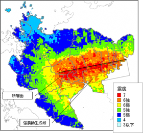 地震動の震度分布図（中央大の場合）